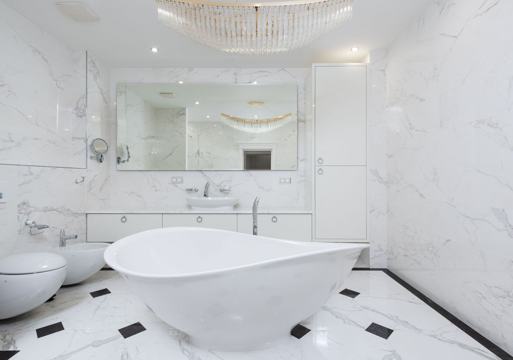 Marble primary bath with freestanding tub